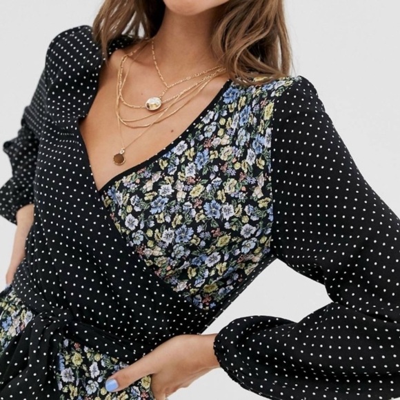 ASOS Black Floral Long Sleeve Wrap Romper - Picture 6 of 6